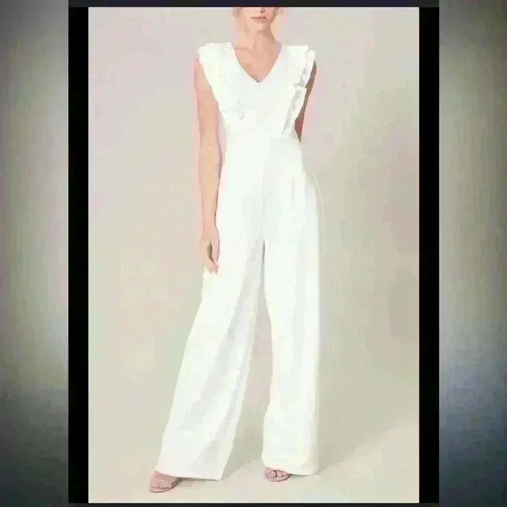 NWOT Sugar Lips Free Bird Ruffle Wide Leg White Jumpsuit Women’s Size Large